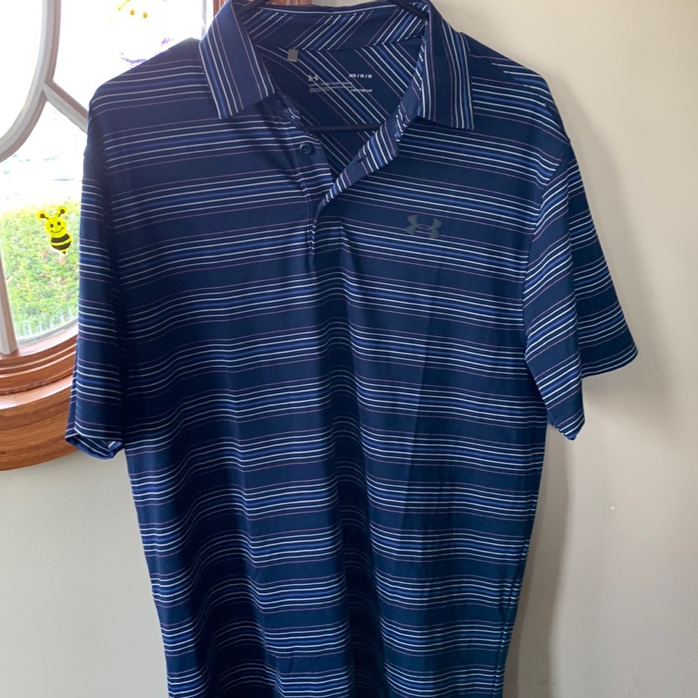 Under Armour Golf Shirt Mens Sz M Loose Fit Heat Gear Striped Polo Blue Striped